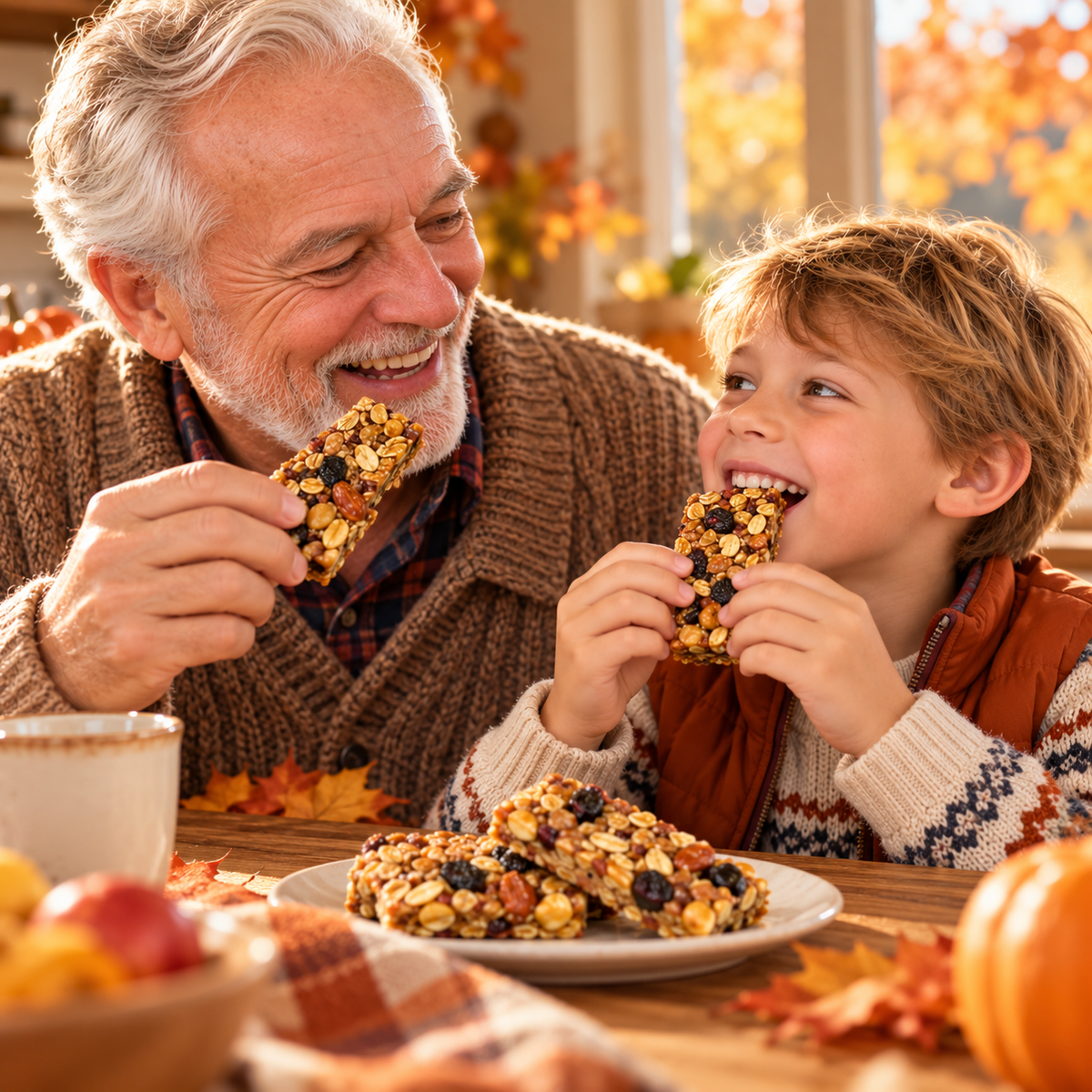 A grandfather and grandson enjoying a snack bar